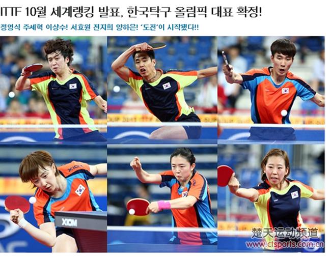 韩国乒乓球队里约奥运名单朱世赫患病三年张宇镇或出战男单